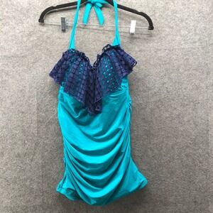 NWT Kimi and Kai Maternity Tankini Top Womens M Blue Halter Padded Ruffle Ruched